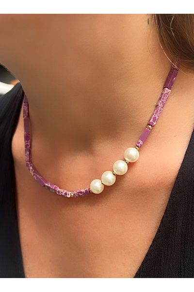 Kutcha Accessories Varisit Natural Stone and Pearl Detailed Handmade Necklace – Red / Turquoise / Purple