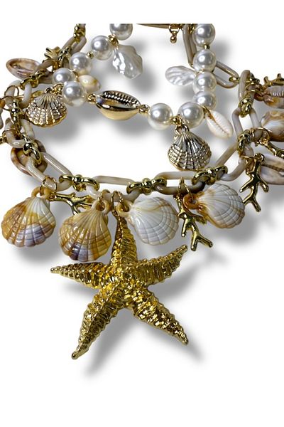 Finery by Nerrs Double Necklace Set with Seashells and Pearls (Consists of Two Necklaces)
