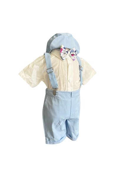 OEM Ținută elegantă de vară pentru băieți, set de 5 piese: body cămașă, pantaloni, bretele, papion și beretă, 3