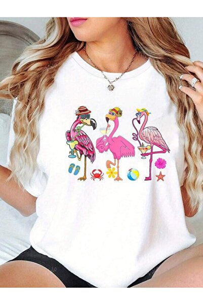 OVER HEAD تي شيرت نسائي كبير الحجم مطبوع عليه فلامنغو مضحك ملون