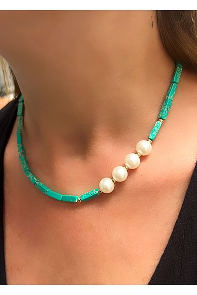 Kutcha Accessories Varisit Natural Stone and Pearl Detailed Handmade Necklace – Red / Turquoise / Purple