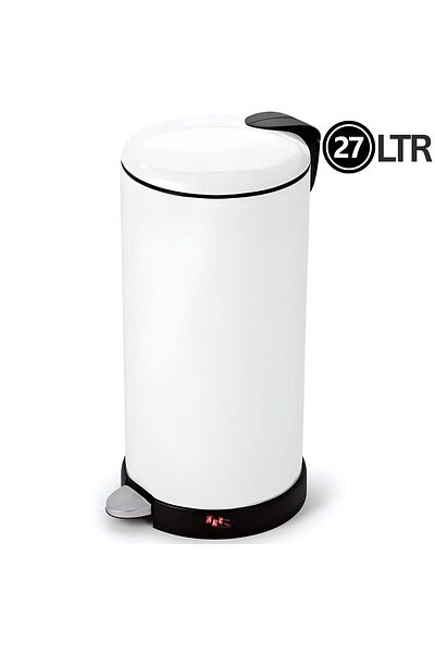 AKC 27L Stainless Steel Pedal Trash Can – Modern White Powder-Coated Waste Bin with Slow-Close Lid