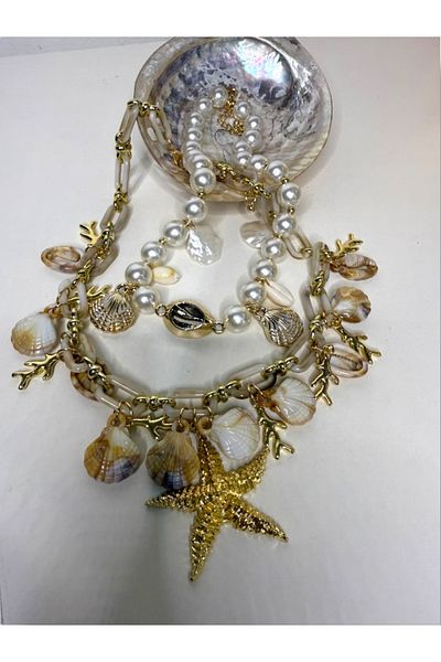 Finery by Nerrs Double Necklace Set with Seashells and Pearls (Consists of Two Necklaces)