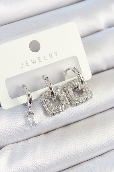 Store Brass Zircon Stone Square Model Silver Color 3-Piece Double Women's Earring Set