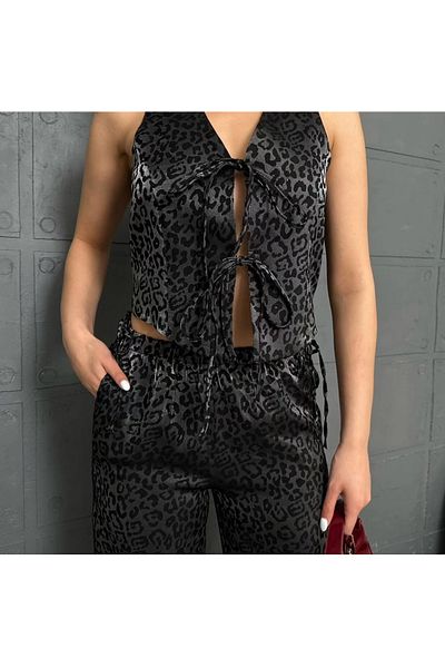Bak'ap Premium Trend Shiny Leopard Patterned Vest with Lacing Detail - Wide Leg Trousers 2-Piece Set