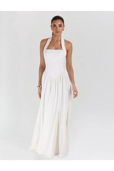 OLSAMODA Women's Back Decolletage Sleeveless Flare Maxi Dress