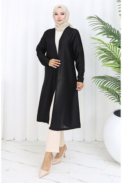 sefamerve Simple Long Seasonal Black Cardigan 8756-01 Black