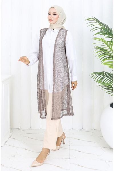 sefamerve Lace Soft Long Vest Mother Vest Plus Size Vest 8760-04 Milky Coffee