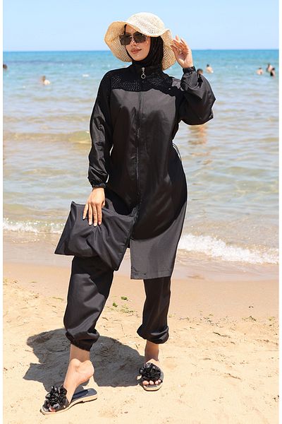 sefamerve Γαρνιρισμένο Μαγιό Hijab με φερμουάρ 6565-05 Claret Red
