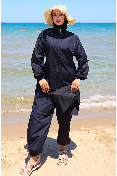 sefamerve Γαρνιρισμένο Μαγιό Hijab με φερμουάρ 6565-05 Claret Red