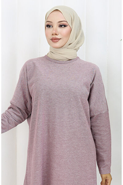 sefamerve Άνετο κομμένο βαμβακερό απλό τουνίκ 8757-05 Ανοιχτό δαμάσκηνο