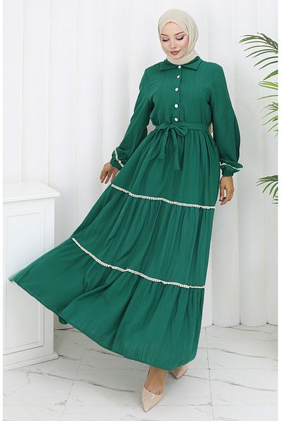 sefamerve Half Button Belted Dress 2098-04 Emerald Green