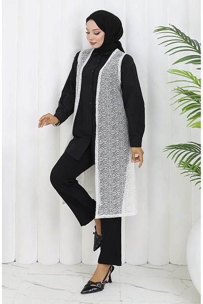 sefamerve Lace Soft Long Vest Mother Vest Plus Size Vest 8760-04 Milky Coffee