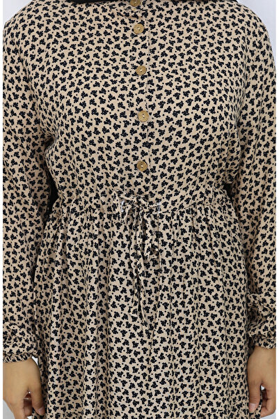 sefamerve Beli Büzgülü Yarım Düğmeli Elbise 0110-02 Vizon