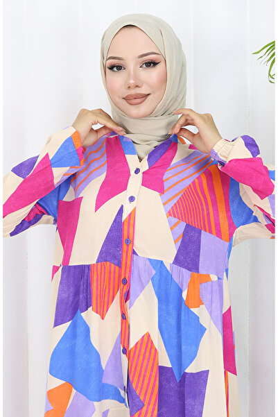 sefamerve Φόρεμα με μισό κουμπί και σχέδιο 5580-04 Μωβ