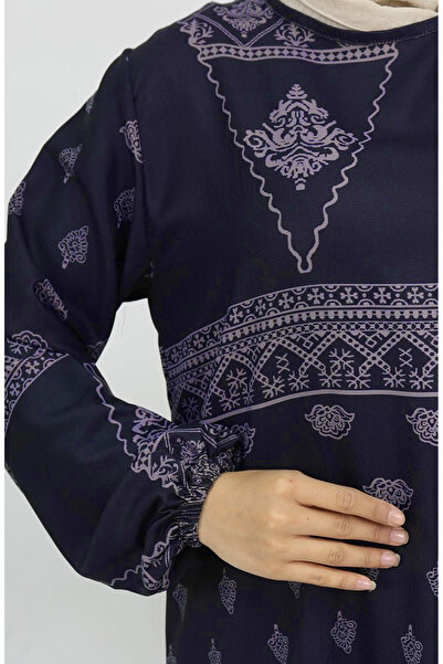 sefamerve Tuğra Detaylı Desenli Elbise 0039-04 Füme