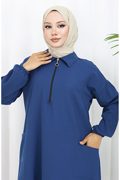 sefamerve Double fabric long tunic pants double set 0034-07 navy blue