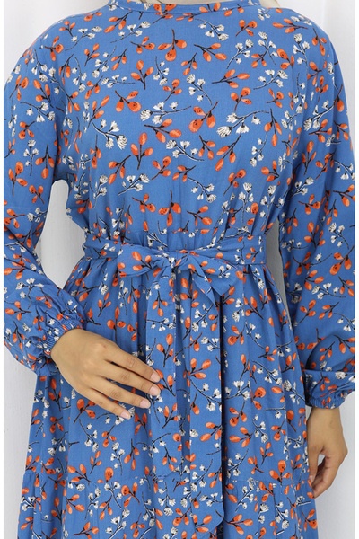 sefamerve Çiçek Desenli Viskon Elbise 0113-01 Mavi