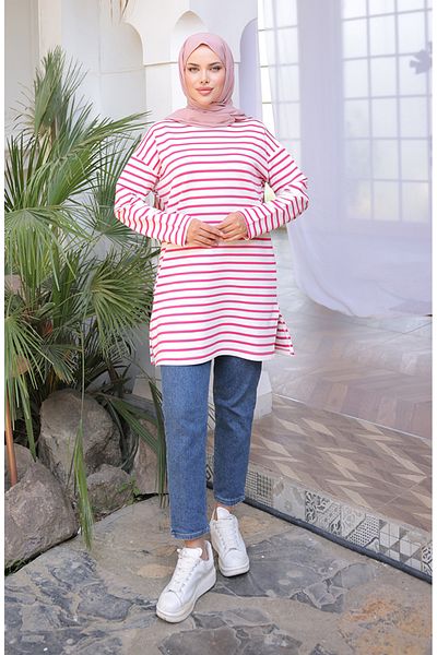 sefamerve Striped Sports Tunic 71295-05 Fuchsia