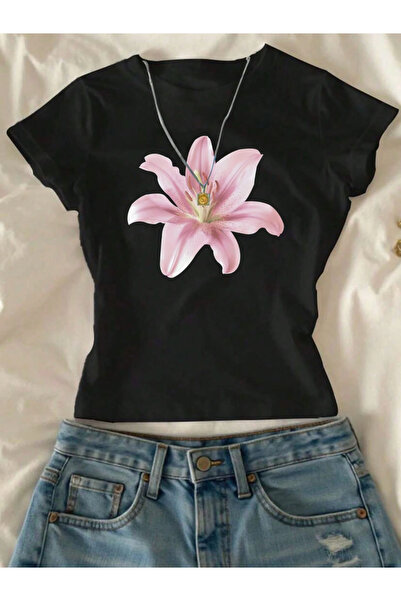 LAYORA Γυναικείο Crop T-Shirt Black Floral με τύπωμα - Μοτίβο λιλά