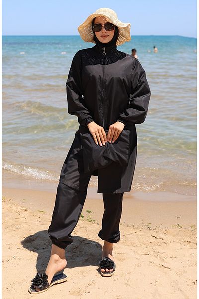 sefamerve Γαρνιρισμένο Μαγιό Hijab με φερμουάρ 6565-05 Claret Red