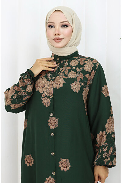 sefamerve Boydan Düğmeli Viskon Elbise 2096-02 Zümrüt Yeşili