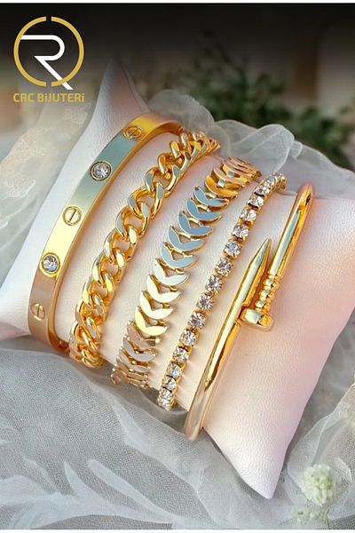 Crc Bijuteri 5 Piece Gold Color Waterway & Fish Scale Detail Women's Bracelet Set