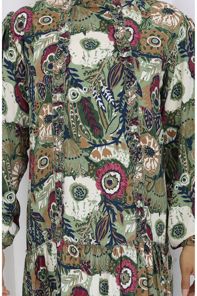 sefamerve Viskon Kumaş Büzgülü Elbise 2094-05 Haki