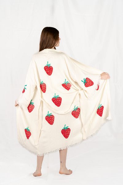 Befera Design Muslin Kimono 100% Cotton Strawberry Printed Patterned Bathrobe Kaftan Dressing Gown