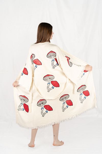 Befera Design Muslin Kimono 100% Cotton Mushroom Printed Patterned Bathrobe Kaftan Dressing Gown