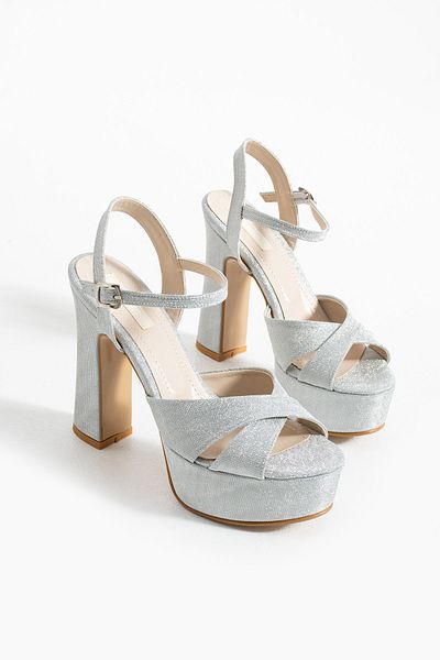 es exello Elastic Cross Strap High Platform Silver Glitter Shoes