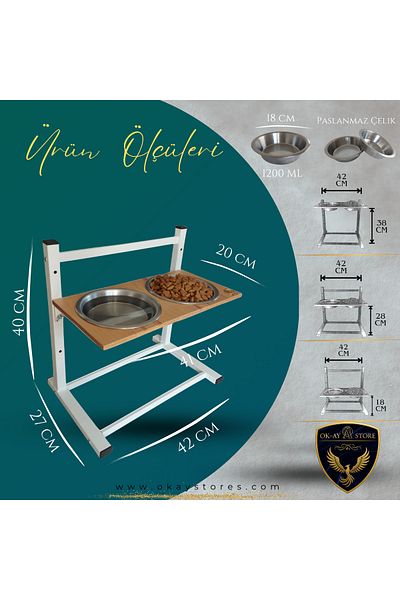 Okay Aybi̇sev Series 3-Level Height Adjustable Food and Water Stand for Cats and Medium-Large Breed Dogs