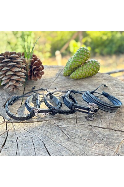 BSN Store Double Axe and Ax Design 5-Piece Genuine Leather Men's Bracelet