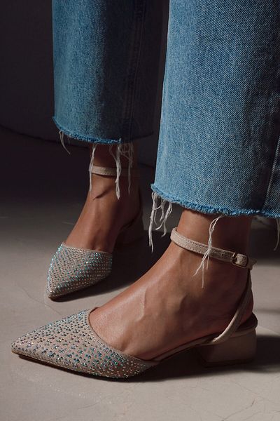 POLKA STORE Allure Pointed Toe Back Open Stiletto Strap Evening Dress Short Block Heels Women's Shoes