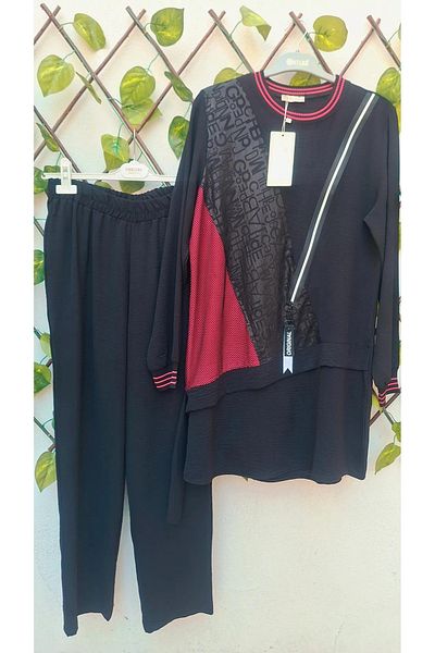 MODA Black Pink Sleeves Ribbed Zipper Mesh Detailed Hijab Suit