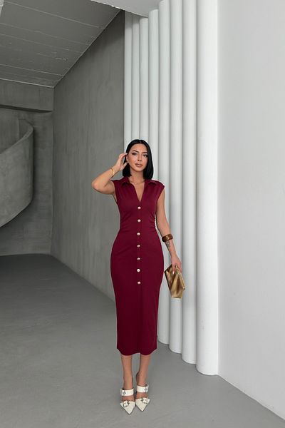 MOZENA Polo Neck Button Detailed Sleeveless Front Slit Long Dress