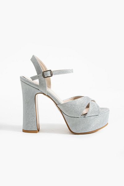 es exello Elastic Cross Strap High Platform Silver Glitter Shoes