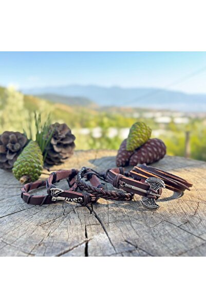 BSN Store Double Axe and Ax Design 5-Piece Genuine Leather Men's Bracelet