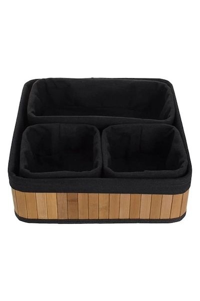 BREZIUM Set 4 storage baskets made of bamboo with fabric, Beige/Black, BREZIUM