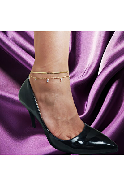 FAMİLY İkili Yassı Zincirli Zirkon Taşlı Gold Renk Çelik Halhal Kararma Yapma...