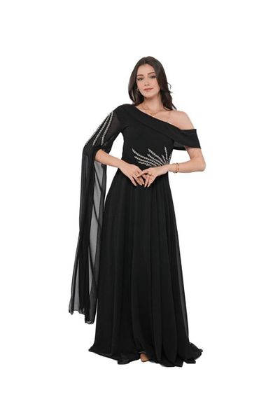 Nice Model Black Chiffon Evening Dress with Embroidered Details One Shoulder Long Sleeve Party Gown Plus Size