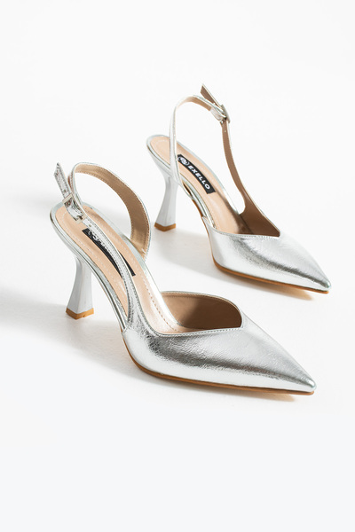 es exello Asgard Back Open Goblet Heeled Silver Shoes