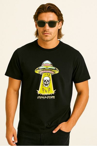 Jack & Jones Jack&jones JORANATOMY SKULL Logo O Gât pentru bărbați Tricou negru cu gât turnat