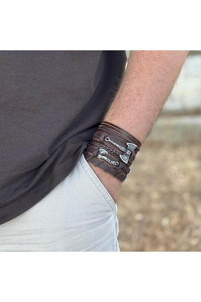 BSN Store Valknut Ax and Ax Design 5-Piece Genuine Leather Men's Bracelet