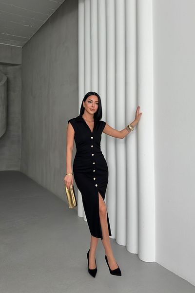 MOZENA Polo Neck Button Detailed Sleeveless Front Slit Long Dress