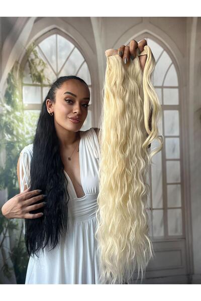 Suzan Peruk Sarı At Kuyruğu Saç Bağlamalı Postiş 70 Cm Isıya Dayanıklı Afro dalgalı ponytail