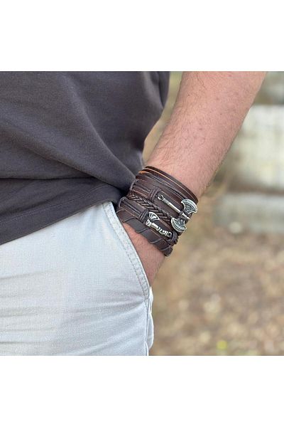 BSN Store Double Axe and Ax Design 5-Piece Genuine Leather Men's Bracelet