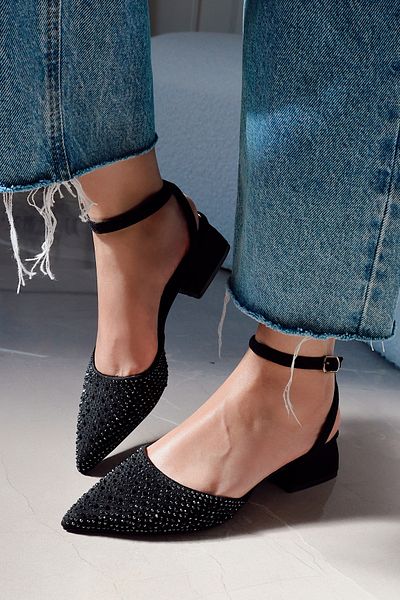 POLKA STORE Allure Pointed Toe Back Open Stiletto Strap Evening Dress Short Block Heels Women's Shoes
