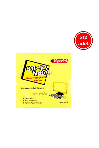 Bigpoint Клейкі нотатки, 12 штук, 75x75 мм, неоновий жовтий, 100 аркушів