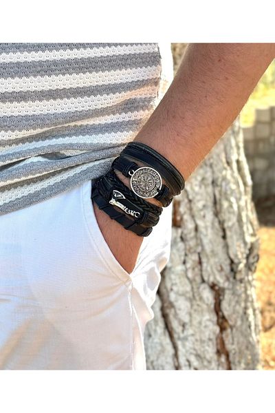 BSN Store Vegvi̇si̇r and Ax Design 5-Piece Khaki Leather Men's Bracelet
